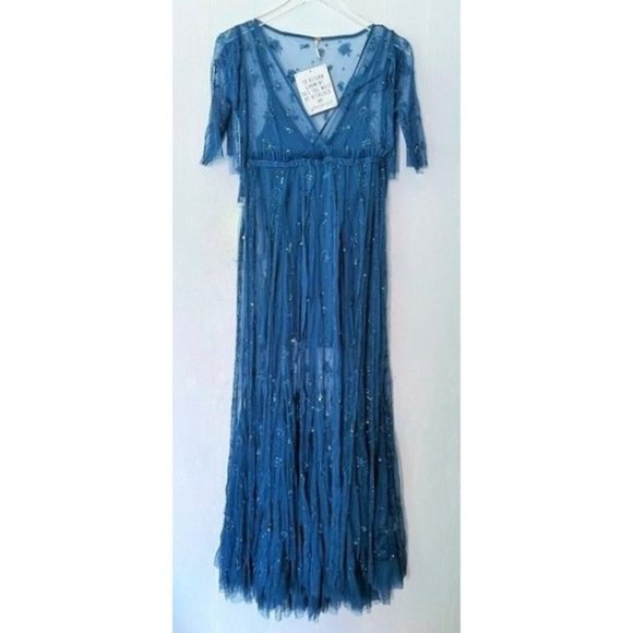 HOST PICK ❤️ FREE PEOPLE SASCHA TEAL BLUE SEQUIN TULLE MAXI DRESS 0 NWT FAIRY - Picture 4 of 13